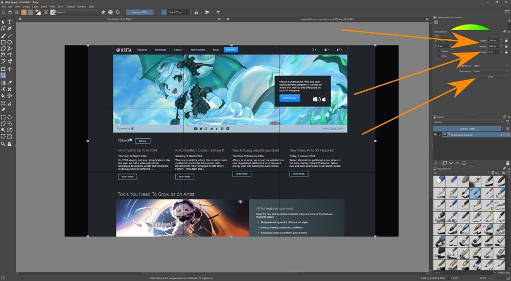 Krita screenshot with arrows pointing to the various image crop options