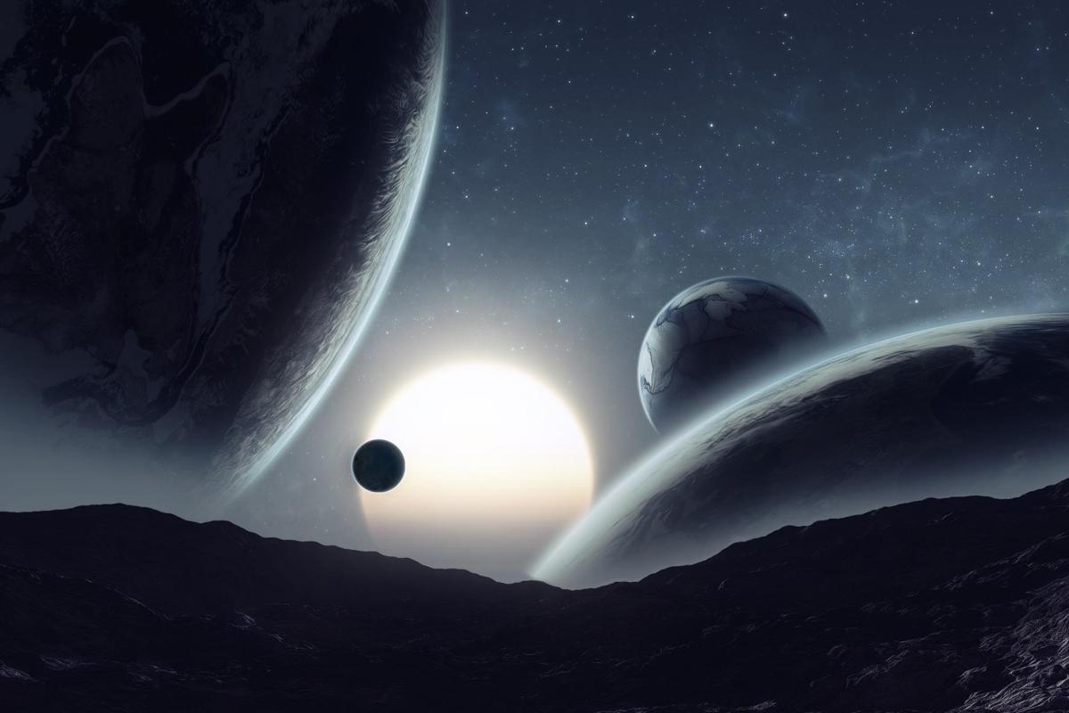 Star and Several Moons Views From A Planet Surface